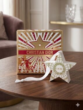 Dior Gold and Red Star Ornament with White Ribbon